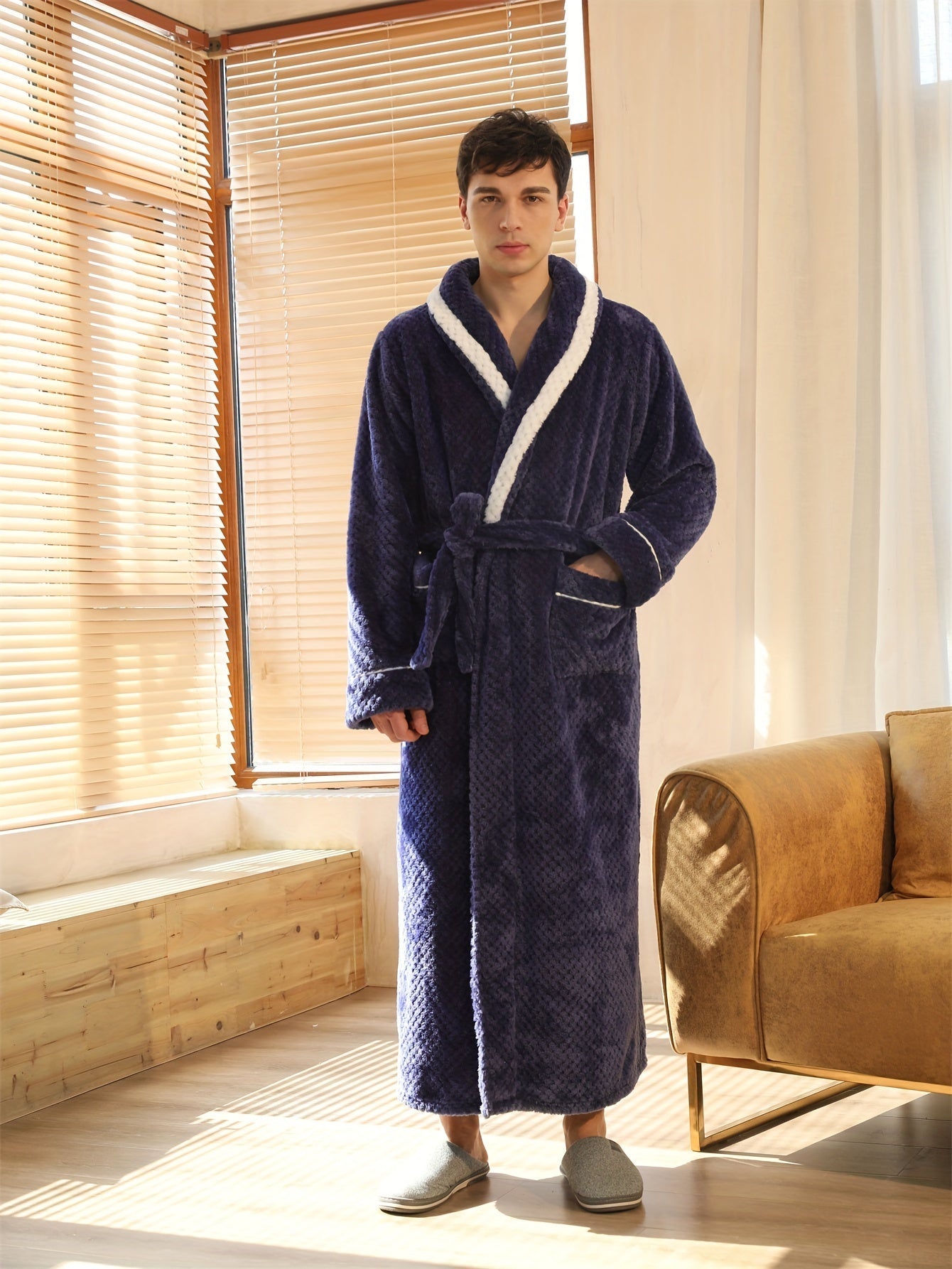 Peignoir homme long en velours effet nid d’abeille avec col châle