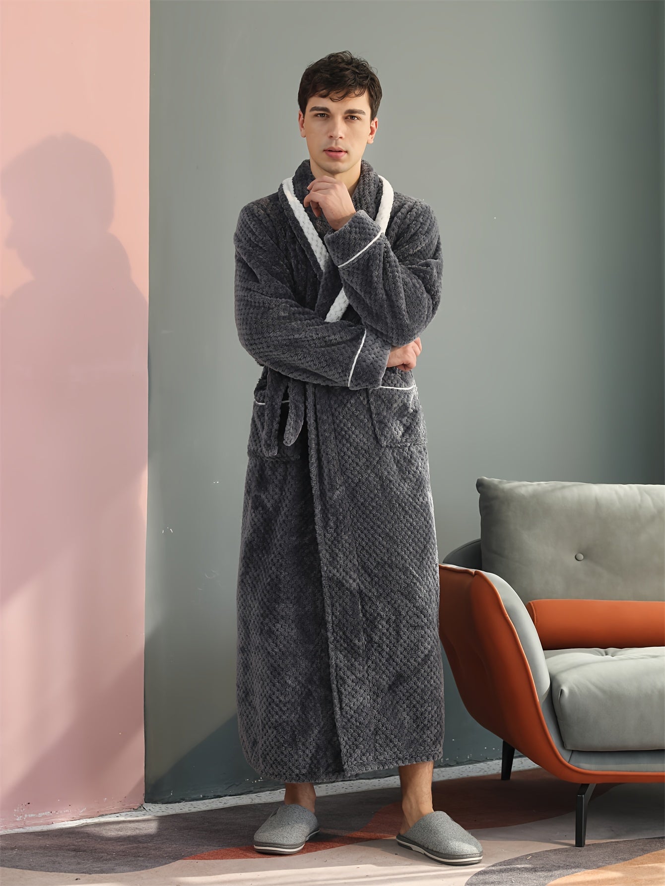Peignoir homme long en velours effet nid d’abeille avec col châle