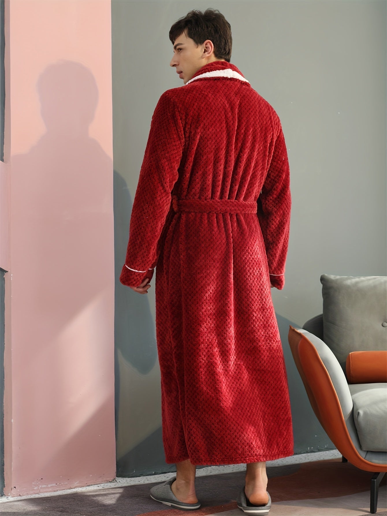 Peignoir homme long en velours effet nid d’abeille avec col châle