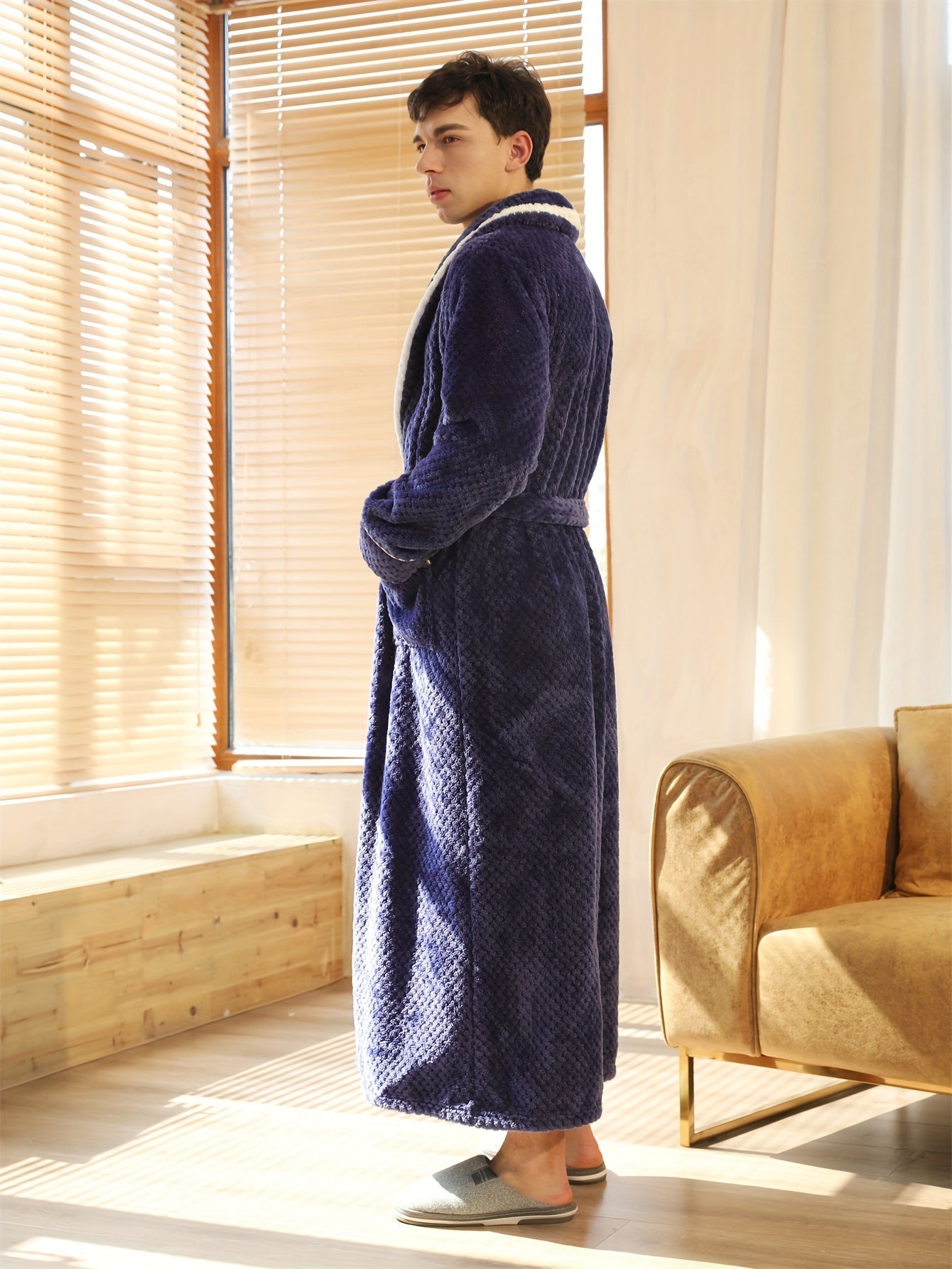 Peignoir homme long en velours effet nid d’abeille avec col châle