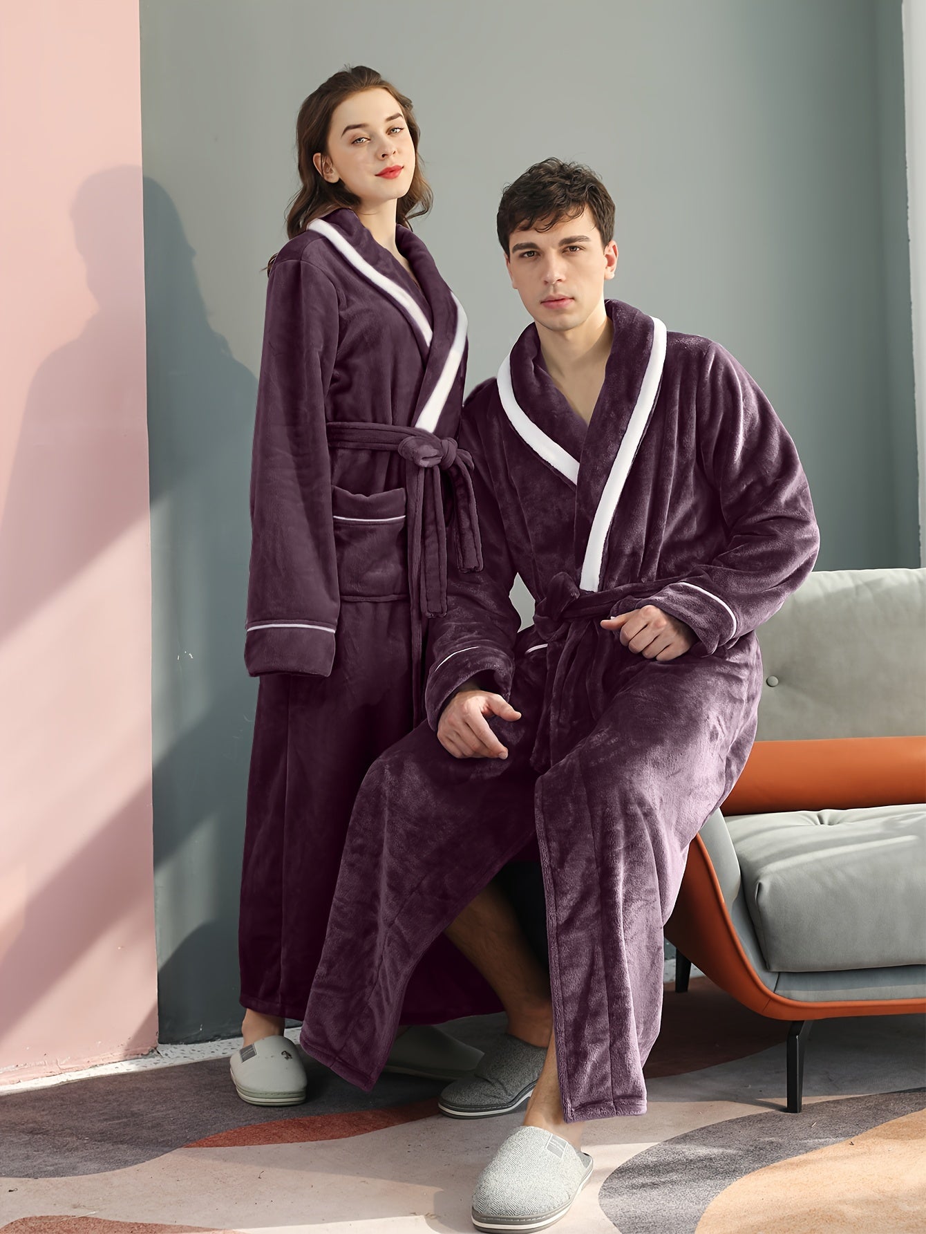 Peignoir homme long en velours effet nid d’abeille avec col châle
