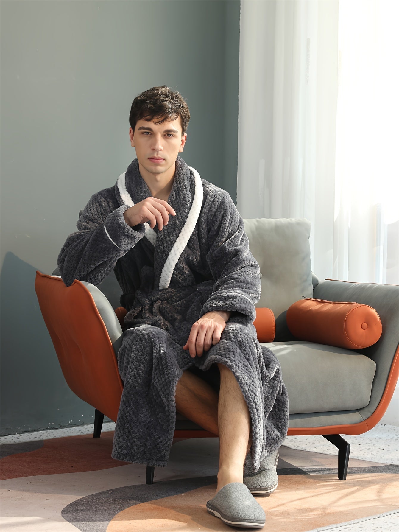 Peignoir homme long en velours effet nid d’abeille avec col châle