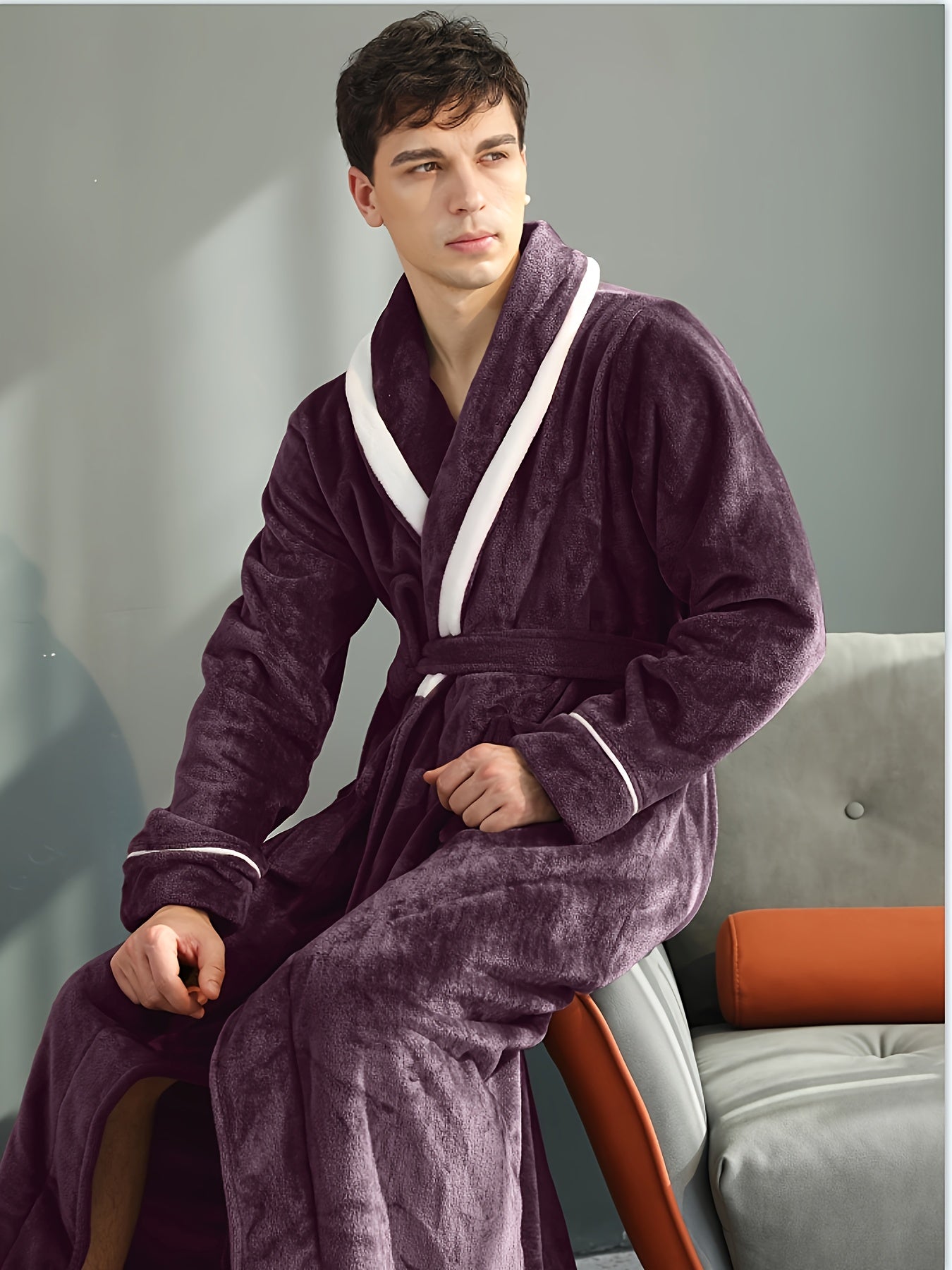 Peignoir homme long en velours effet nid d’abeille avec col châle