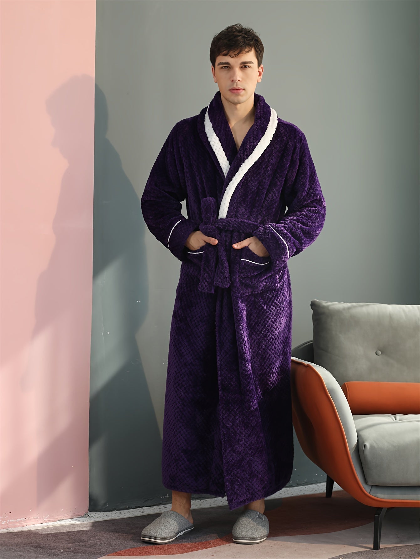Peignoir homme long en velours effet nid d’abeille avec col châle