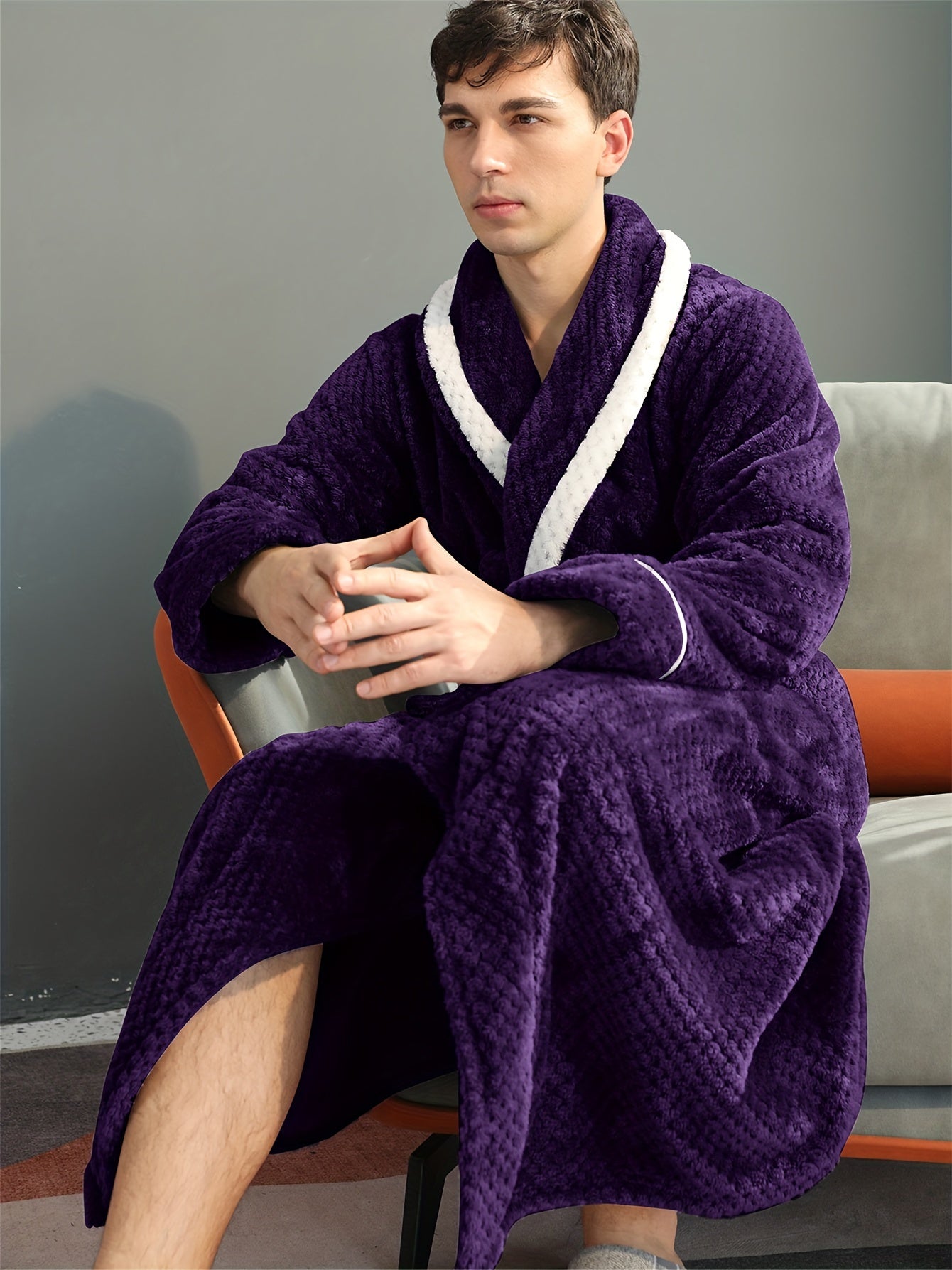 Peignoir homme long en velours effet nid d’abeille avec col châle