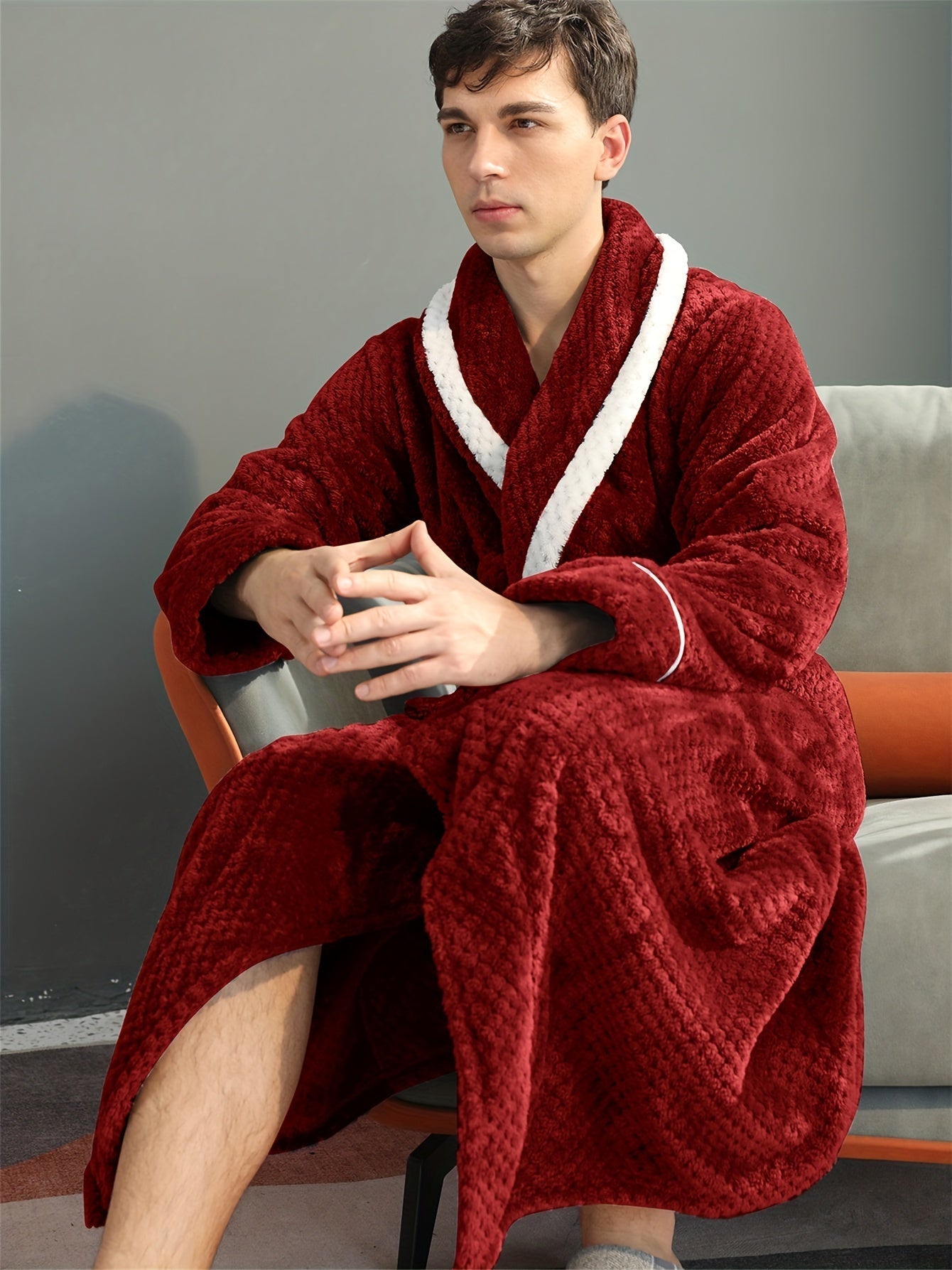 Peignoir homme long en velours effet nid d’abeille avec col châle