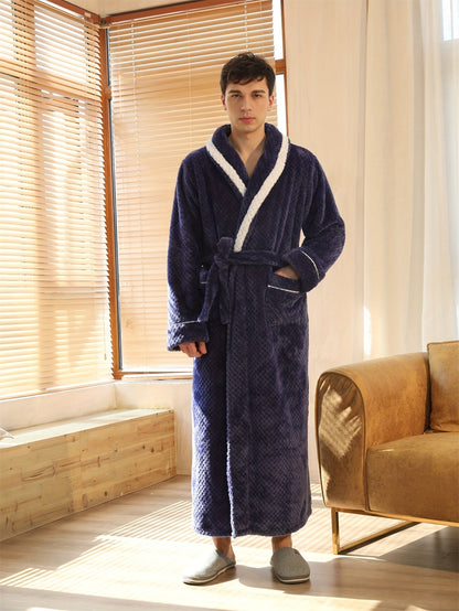 Peignoir homme long en velours effet nid d’abeille avec col châle