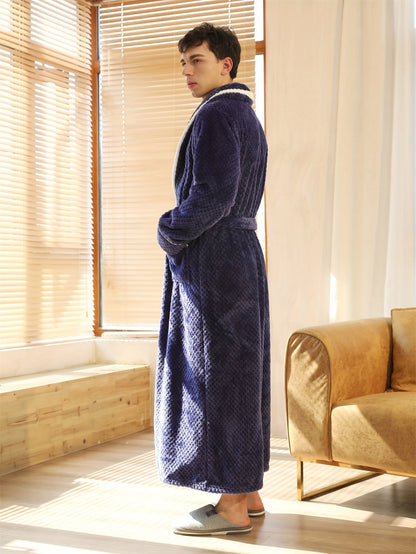 Peignoir homme long en velours effet nid d’abeille avec col châle