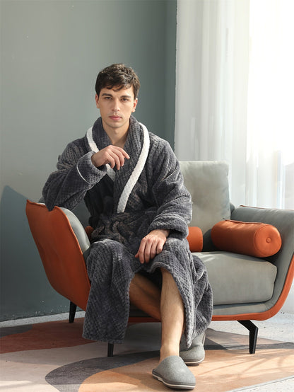 Peignoir homme long en velours effet nid d’abeille avec col châle