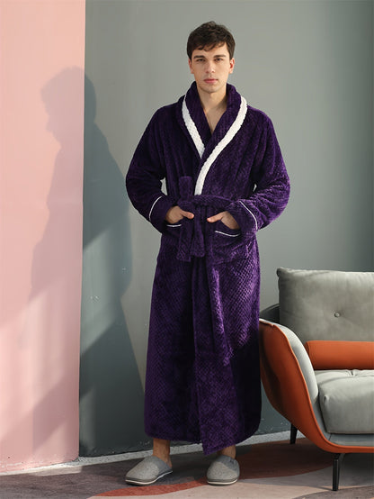 Peignoir homme long en velours effet nid d’abeille avec col châle